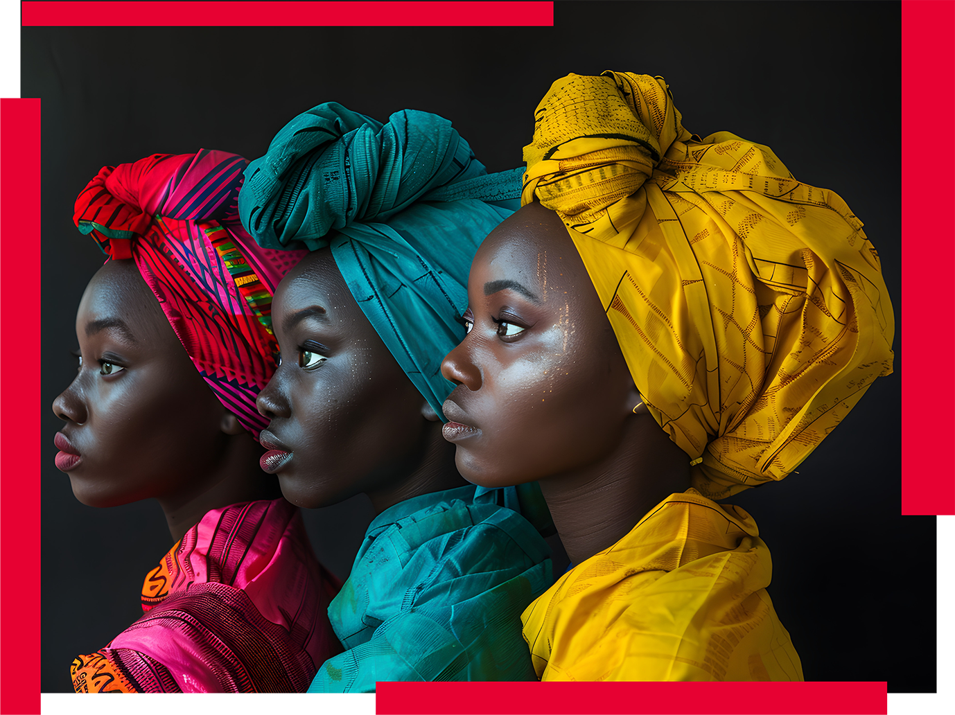 The profile of three African women wearing traditional African headwraps and dresses