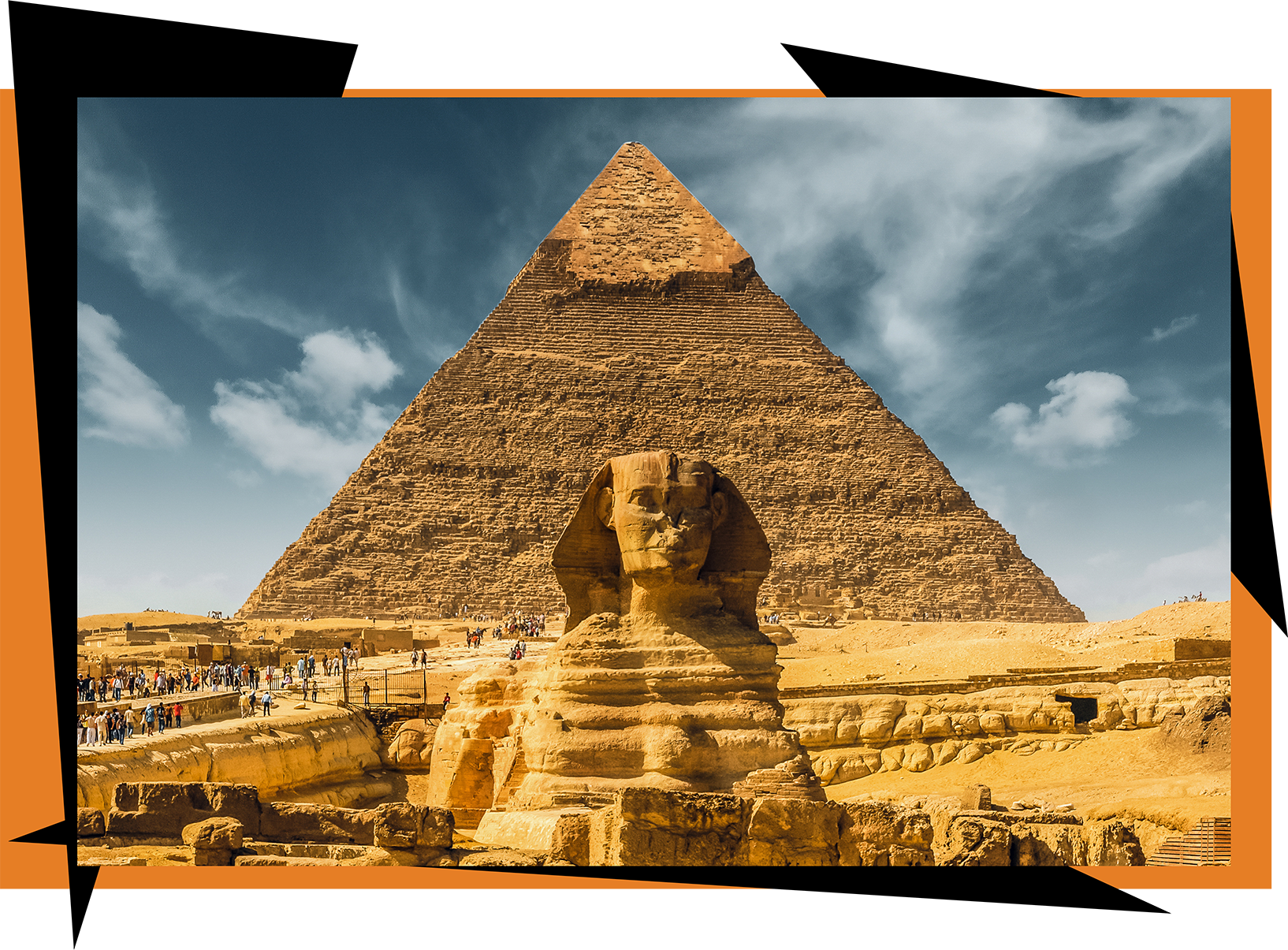 One of the pyramids of Gyza with the Sphynx in front view