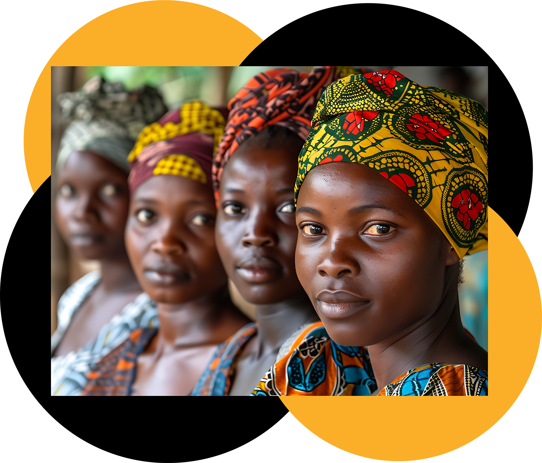 Four African women in African headwraps and dress