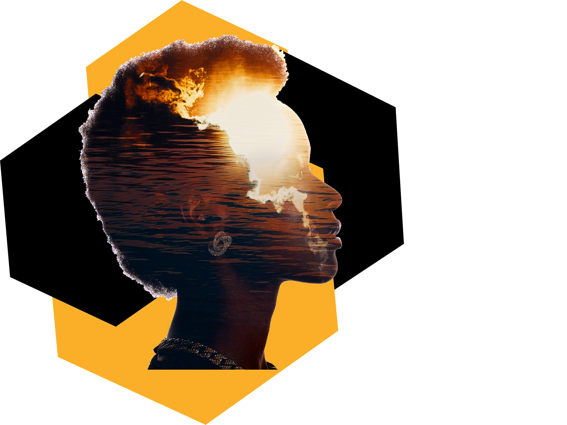 An abstract image of an African female profile with an overlay of an image of lightening and clouds